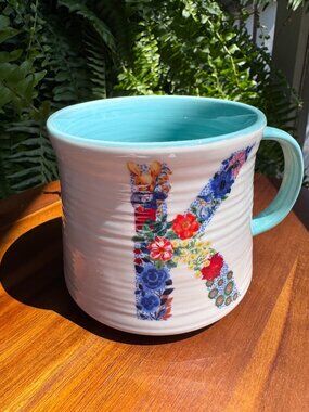 Anthropologie Nathalie Lete Bouquet Monogram Floral Mug Letter K - Mint Interior